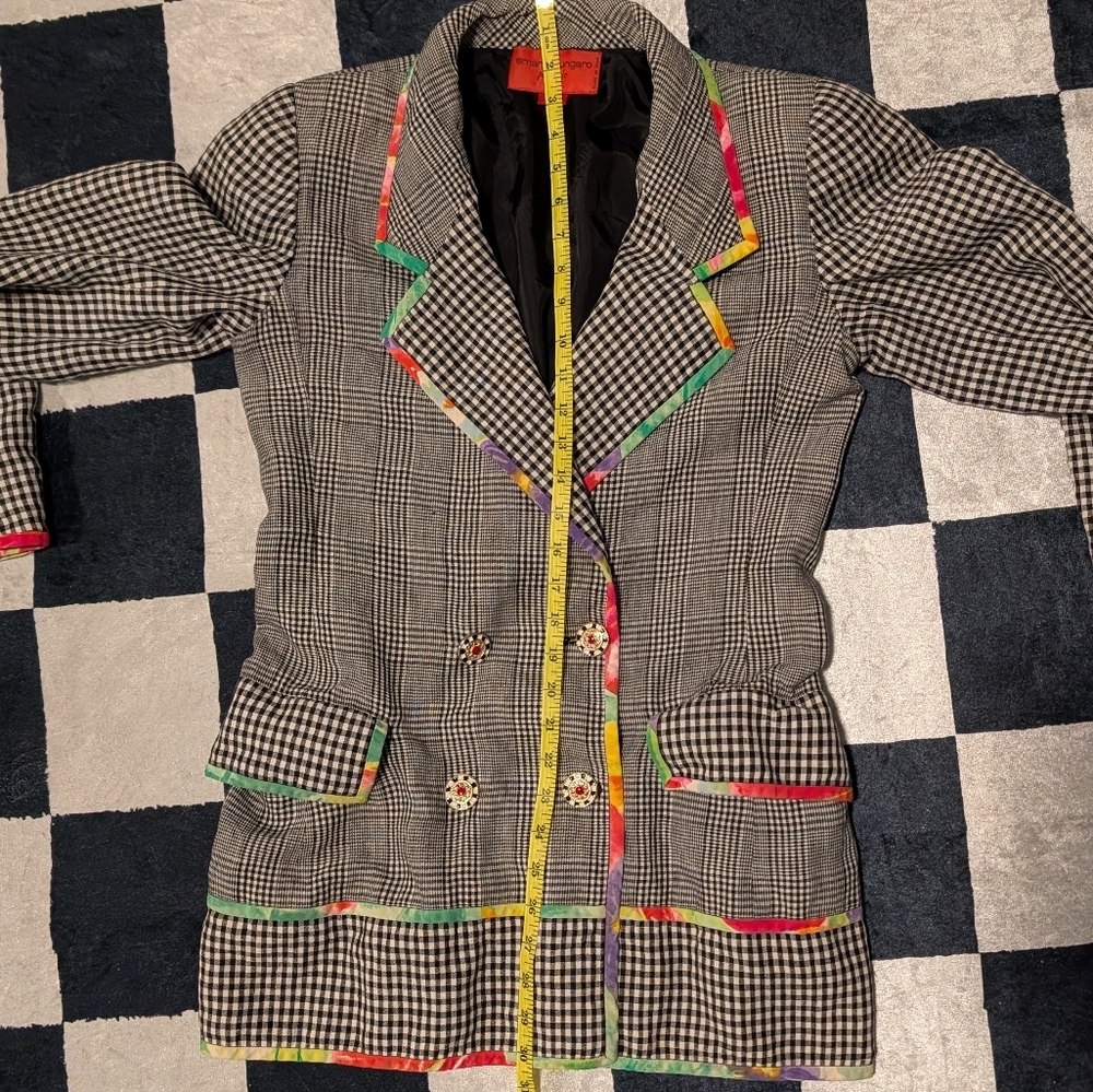 RARE Vintage Emanuel Ungaro Black and White Plaid Blazer Tie Dye Trim - Picture 9 of 10